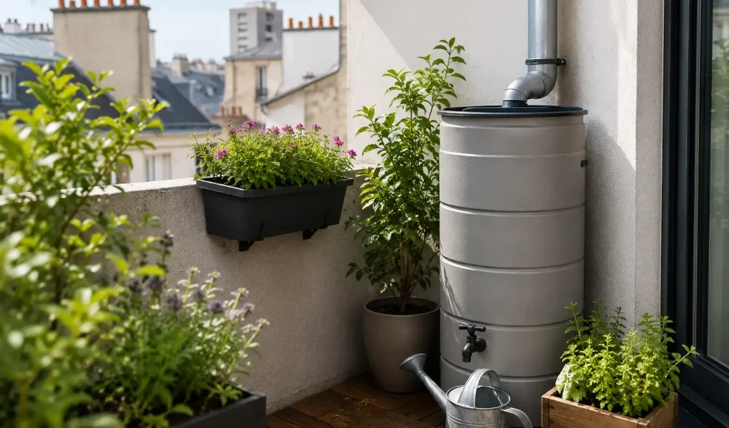 récupérateur d’eau de pluie sur une petite terrasse de ville