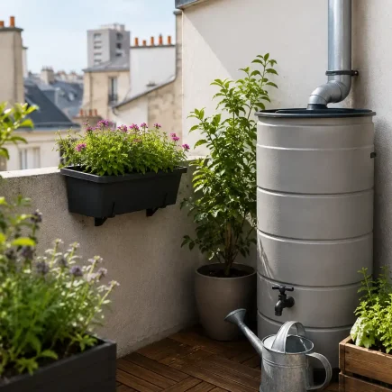 récupérateur d’eau de pluie sur une petite terrasse de ville