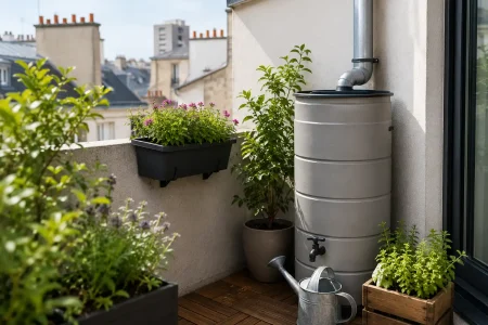 récupérateur d’eau de pluie sur une petite terrasse de ville